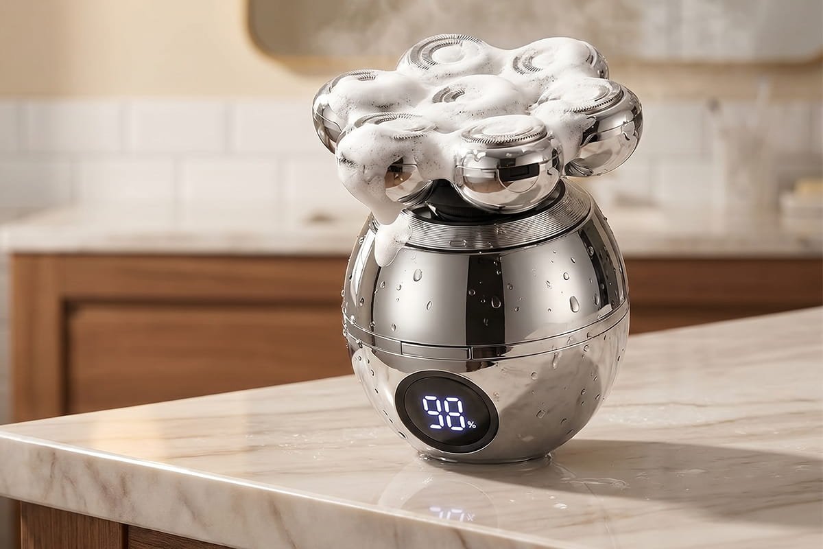 Rasoir Aeroblade avec mousse à raser sur un plan de travail